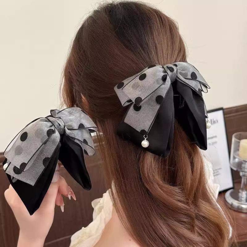Hi Tech Accessories - مشبك شعر أنيق رمادي منقط بفيونكة